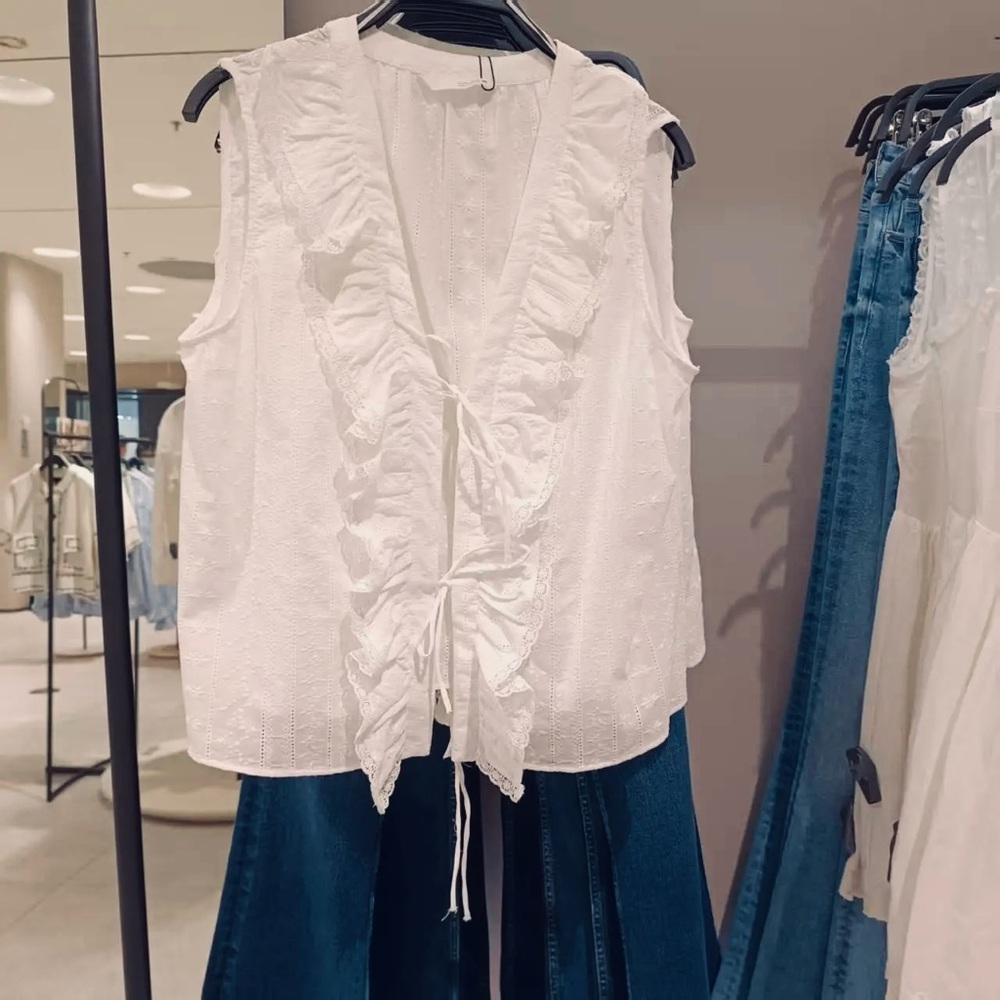 ZARA TIE FRONT RUFFLE TRIM SLEEVELESS TOP BOHO SUMMER BEACH White S